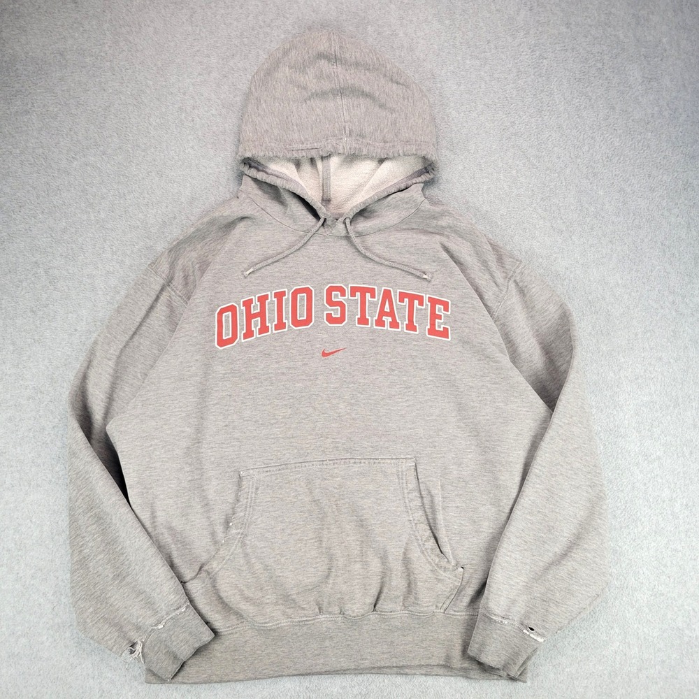 Nike Hoodie Men L Gray Ohio State Center Swoosh Distressed Pullover Y2K